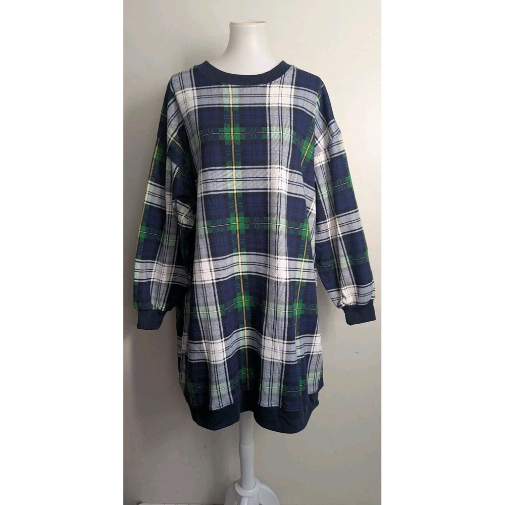Vintage 90s Tartan Plaid Sweatshirt Dress Plus Size Preppy Retro Sleep Shirt NEW